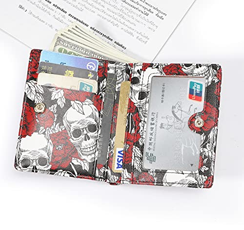 Women Wallets Small Bifold Leather Pocket Wallet Ladies Mini Short Purse - color: Rose Skull