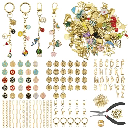 Aucscott Lipgloss Keychain Making Kit with Charms for Gilrs Adults, DIY Keychain Supplies Jewelry Craft Kits with A-Z Letter Charms for Custom Bag Phone Key Chain Lip Balm Purse Handbag - color: Gold - 500Pcs Kit