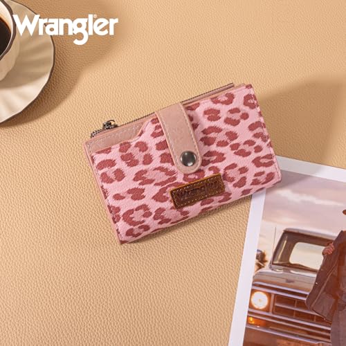Wrangler Wallet for Women Bifold Card Holder with Zipper and ID Window - color: Leopard Print-Pink