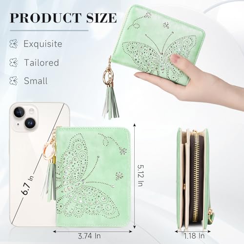 KITEVIUN Women RFID Blocking Small Bifold Wallet, Compact Cash Clutch with Zipper Coin Pocket, Glittery Butterfly Design, Credit Card Holder, Travel Purse with Tassel PEPPERMINT-GREEN - color: 01-PEPPERMINT-GREEN