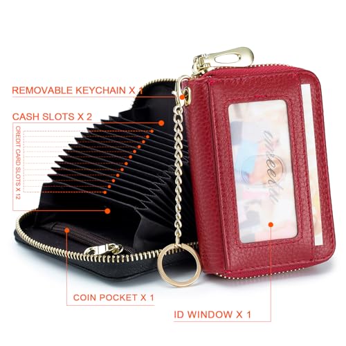 imeetu RFID Credit Card Holder, Small Card Wallet Women, Leather Card Case | Genuine Leather Women's Card & id Cases, Change Coin Purse with Zipper Keychain id Window, 20 Colors & 3 Styles, Daily, Gifts - color: Pro - Red, size: Pro