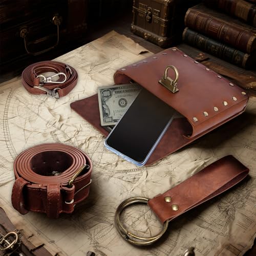 Renaissance Belt Pouch Medieval Pirate Costume Accessories Set for Cosplay | Viking Faux Leather Waist Bag, Skirt Hike Clips, Perfect for Women and Men Ren Faire, LARP, Fantasy, Halloween - color: Brown-J