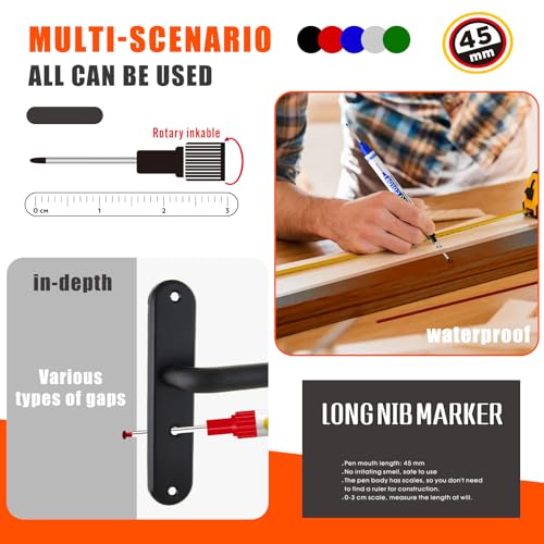 12 Pcs Multi-Purpose Long Head Deep Hole Marker Pens, Long Nib Marker For Metal, Quick Dry Waterproof Colorful Carpenter Pen Markers For Construction Bathroom Woodworking, 5 Color Set (Double-Heade)