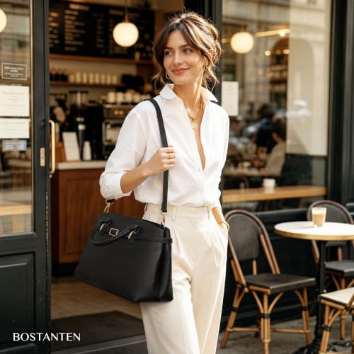 BOSTANTEN Soft Structured Satchel Bag for Women Medium Work Tote Handbag | Commute or everyday, Luxury Pebble Leather or Faux Suede, Professional Style, Removable Strap, Expandable, Giftable Choice - color: Black