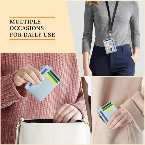 Hancynir Minimalist Slim Wallet Women Credit Card Holder, RFID Small Cute | Zipper Pocket Wallet, Thin Travel Coin Purse, Ladies Women Gifts, Key Chain Card Case, 6 Card Slots, ID Window, PU Leather - color: 01-Lichee Blue