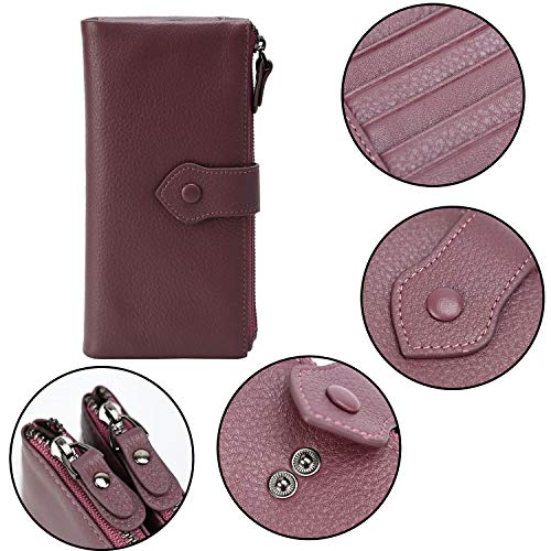 Bveyzi Women Soft Leather RFID Blocking Bifold Slim Wallets Ladies Credit Card Holder Double Zipper Pocket - color: Deep Plum