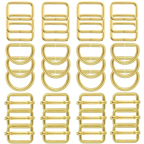 Metal Belt Buckle Hardware Set, 36 Pieces, 1-1/2 Inch, D-Rings and Slide Buckles, Rectangle Ring - color: Gold