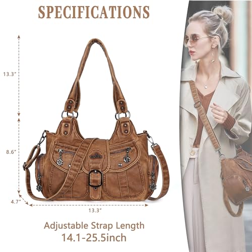 Angel Kiss Hobo Bags for Women Vegan Leather Shoulder Purses and Handbags Ladies Roomy Tote Bags Purse with Crossbody Strap - color: Brown