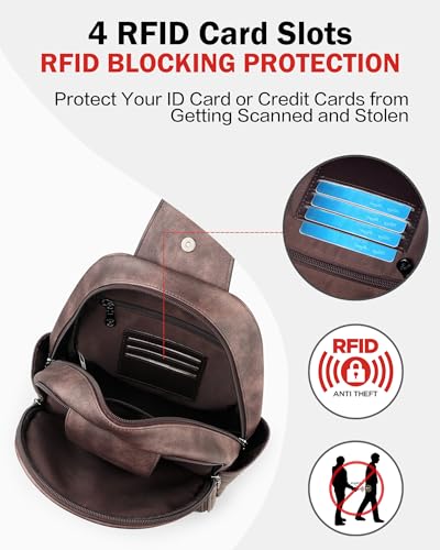 Large Sling Bag for Women, Designer 10L Leather Crossbody Purse | Anti Theft Sling Backpack, RFID Fanny Packs for Travel, Ideal for Vacation Walking Daily Errands - color: Coffee Brown Retro Style