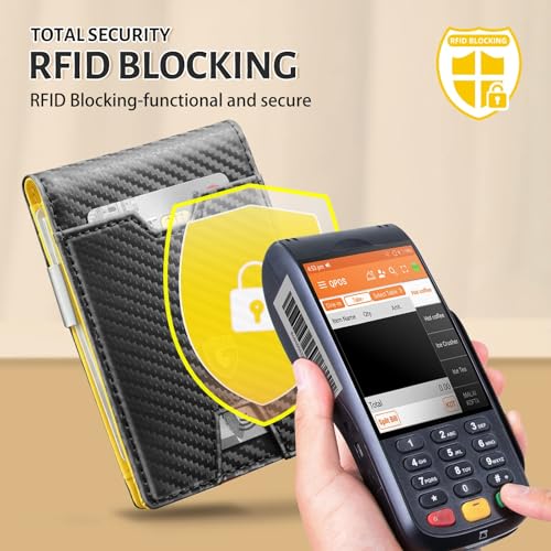 GSOIAX Men's Slim RFID Blocking Leather Wallet with Money Clip | Minimalist Carbon Fiber Bifold Credit Card Holder | 11 Card Slots | Gift Box Included(Carbon Yellow) - color: Carbon Yellow