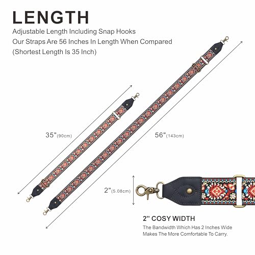 Nefelibata Purse Strap-2" Crazy Horse Leather Wide Shoulder Strap Adjustable Replacement,Retro knit Embroidery Multi-pattern Crossbody Bag Straps for Handbag,Crossbody Bags(Leather Red Embroidery) - color: Leather Red Flower Embroidery