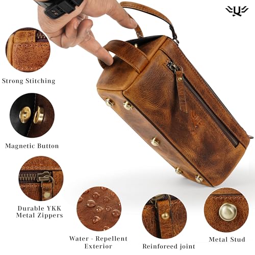 Premium Handmade Genuine Leather Toiletry Bag for Men & Women, Dopp Kit & Shaving Travel Organizer, Cosmetic Wash Bag with Zipper Pocket Travel Pouch, Gift for Him & Her - Tan Brown - color: Tan (Large)