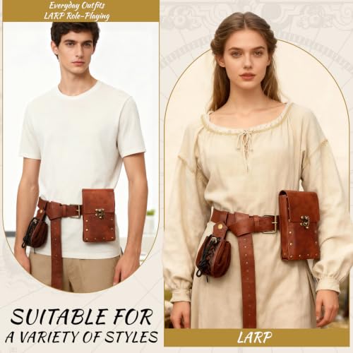 Renaissance Belt Pouch Medieval Pirate Costume Accessories Set for Cosplay | Viking Faux Leather Waist Bag, Skirt Hike Clips, Perfect for Women and Men Ren Faire, LARP, Fantasy, Halloween - color: Brown-M