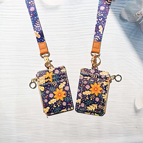 bolimoss Wallet Lanyard for id Badges for Women,Fashion Badge Holder with Zipper（Autumn Sunflower） - color: Autumn Sunflower