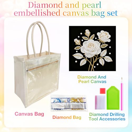 Xylzzuit DIY Pearl Painting Canvas Tote Bag Kit 11.42IN Diamond Art Handbag for Women Shopping Grocery Bag Dots Beads Art Craft Gift (Flower03) - color: Flower03