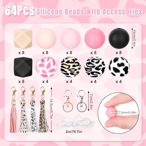 JarThenaAMCS Leopard Print and Cow Print Silicone Beads for Keychain Making Kit with 15mm Assorted DIY Silicone Beads Leather Tassels Key Rings for Office School Party Favors Decor
