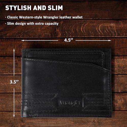 Wrangler Removable Passcase Wallet for Men, Bifold Tumbled Leather Wallet with RFID, Black - color: Black