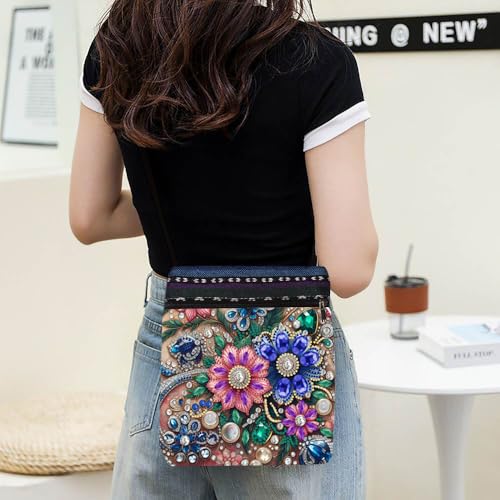DDGYP 5D Diamond Art Bags, Diamond Art Kits for Adults,8.5x8.7x0.39inch | DIY Diamond Painting Bags for Women,PU Leather Crossbody Bag with Zipper & Adjustable Strap, Flower Pattern - color: Blue