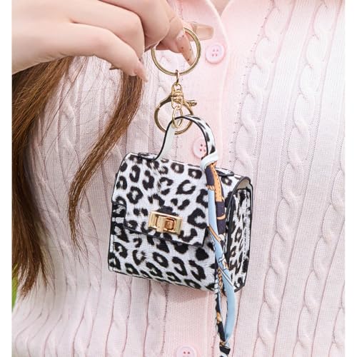 Coin Purse Mini Backpack KeyChain for Women Bag Charm for Earbuds - color: White Leopard