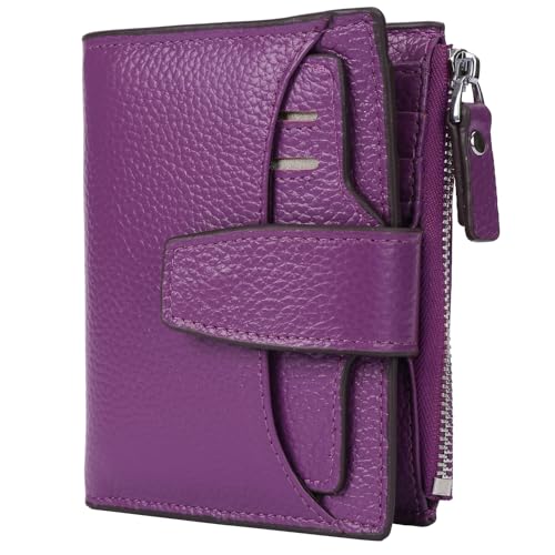 Women's RFID Blocking Leather Small Compact Bi-fold Zipper Pocket Wallet Card Case Purse with id Window - color: Lichee Purple