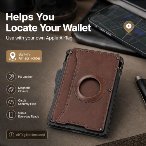 Coffee AirTag Wallet for Men, RFID Blocking Minimalist Bifold Pop Up Aluminum Card Holder, PU Leather Wallet with Money Clip ID Window, 9-13 Cards, Gift for Men, AirTag Not Included by Sooshoom - color: Coffee