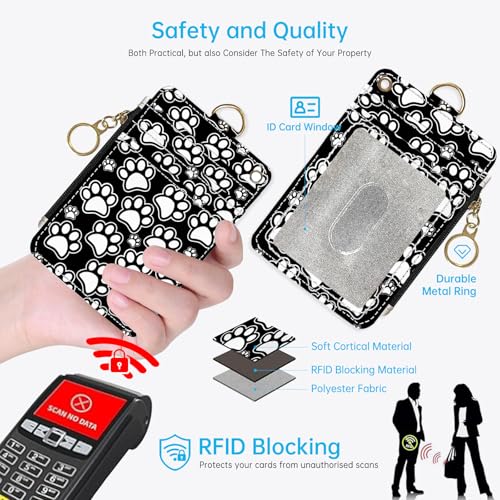 Black and White Dog Paws 2-in-1 ID Badge Holder & Lanyard Wallet for Teachers,Nurse,Professionals-Cute Zippered Coin Pouch,Removable Wristlet & Neck Lanyard,5 Card Slots Stylish Work Essential - color: Black and White Dog Paws