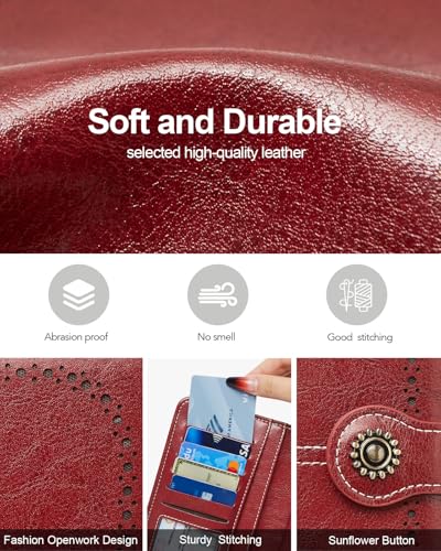 TFKGS Wallet for Women RFID Blocking Leather Large Capacity Card Holder Ladies Phone Clutch Travel Long Purse Wristlet | RFID Blocking - color: 2-Upgrade-Wax-Red