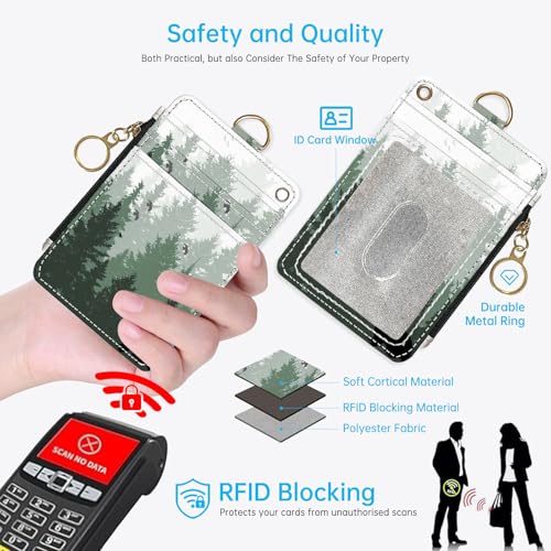 2-in-1 ID Badge Holder & Lanyard Wallet，Cute Zippered Pouch Forest | for Teachers,Nurse,Professionals，Removable Wristlet & Neck Lanyard,5 Card Slots Stylish Work Essential - color: Forest