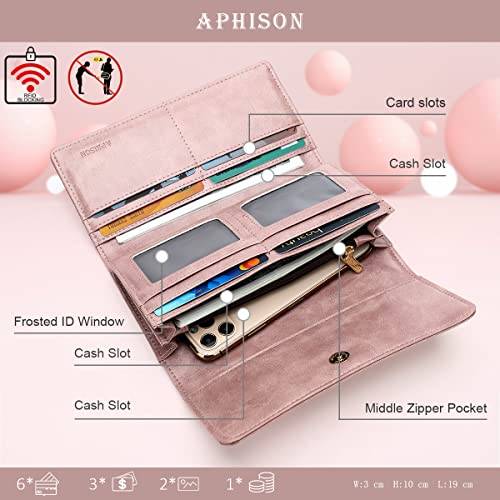APHISON Womens Wallets RFID Blocking Leather Clutch Long Wallet for Women Card Holder Phone Organizer Ladies Travel Purse Hollow Out Sunflower Design Gift - color: dark-pink
