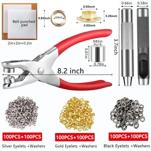Grommet Tool Kit with 605 Pieces, 1/2 Inch Eyelets and Washers in Gold, Silver, Black,Two Set of Installation Tools, Installation Pliers, Hole Punch, Punched Pad for Leather, Belt, Shoes, Crafts - color: 1/2inch & 605pcs
