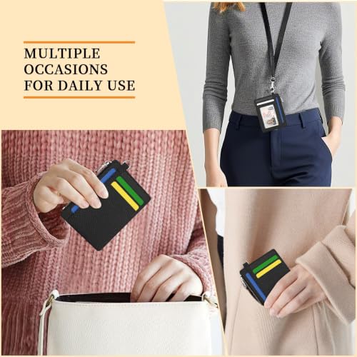 Hancynir Black Minimalist Slim Wallet Women Credit Card Holder RFID Small | Zipper Pocket Wallet, Thin Travel Coin Purse, Ladies Women Men Gifts, Cute Card Case, 6 Card Slots, ID Window, PU Leather - color: 01-Lichee Black