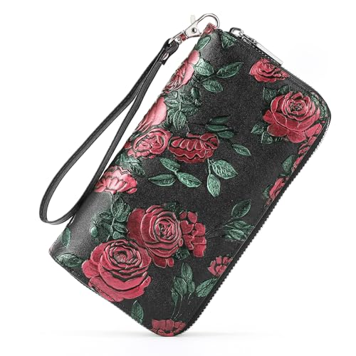 GOIACII Women's Wallet RFID Blocking Leather Wristlet | 2 Zip Around, Large Capacity, Credit Card Holder, Ladies Phone Clutch Purse - color: B03 Red Rose