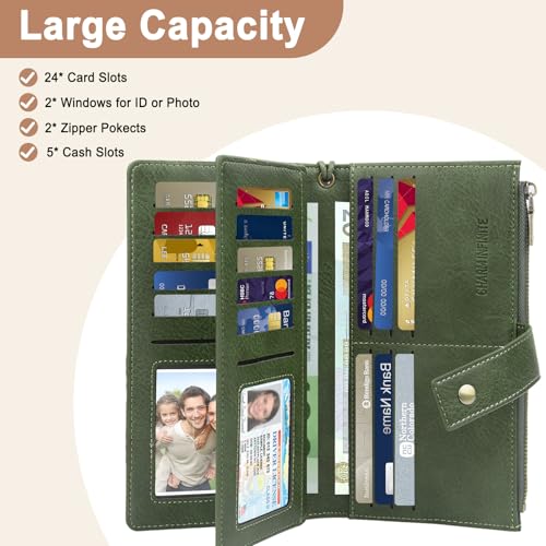 Large Wallets For Women Rfid Blocking Wallet Pu Leather Ladies Wallets Zipper Long Wallet With 24 Card Holders,2 Id Windows And Coin Pocket Wristlet Purses For Women Ladies. Green - color: Green