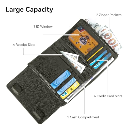 Women's Bifold Wallet, Genuine Leather, Magnetic, ID Window | Holds 10+ Cards, 2 Zip Coin Pockets, Pebbled Cowhide, Snap Closure, Large Capacity, Multiple Colors, Compact 5.5x3.9in - color: B-Dark Olive