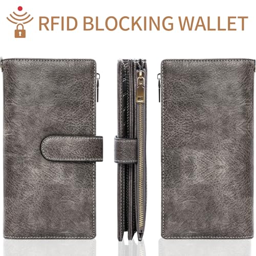 XINNSTAR Womens Wallet RFID Blocking Large Capacity Credit Card Holder Long Purses for Women with Wristlet Pocket ID Window - color: Gray