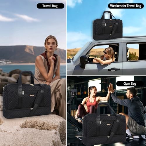 Stuery Weekender Bags for Women with Toiletry Bags: Large Overnight Bags Travel Duffel Bag Carry On Shoulder Weekend Tote with Shoe Compartment and Wet Pocket for Girls Airplane Traveling,Dark - color: B-3PCS All Dark