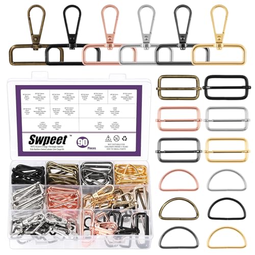 Swpeet 90Pcs 6 Colors 38MM Metal D Ring & Rectangle Adjuster Triglides Slides Buckle & D Ring Swivel Lobster Clasp Kit, Semi-Circular D Rings Roller Pin Buckles Swivel Snap Hook for Belt DIY Crafts - style: 3.8CM