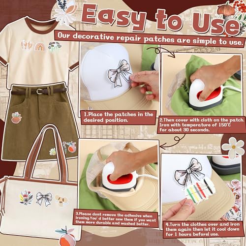 NICEVINYL Vintage Aesthetic Iron on Patches: 36PCS DIY Decorative Appliques - color: Mustard Yellow/Rust/Teal, size: Pack of Assorted, style: Retro