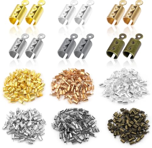 300pcs Stainless Steel Fold Over Cord Ends Fold Over Crimp Caps Ribbon End Clasp Tips Clamp Cord Ends Jewelry Connector for for Jewelry Making/Necklace Cord/DIY Crafts(6 Colors) - color: gold, silver, k gold, white k, antique cyan, gun black