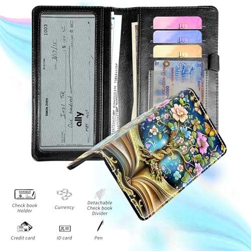Check Book Cover for Personal Checkbook, Leather Business Checkbooks Plastic Insert Flap Card Holder Pen Hoop Holder with RFID Blocking Slim Wallet for Duplicate Checks Women Men, Book Tree - color: Book Tree