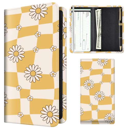 Checkbook Cover for Personal Checkbook, Cute Pu Leather Check Book for Women & Men, Slim Checkbook Holder with Pen Holder and Built-in Clear Plastic Divider, Daisy Checker - color: Daisy Checker