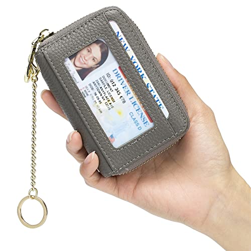 imeetu Rfid Credit Card Holder, Businese Card Case, Wallet for Women Men | Genuine Leather Card Wallet with id Window, Keychain & Double Zipper, Water-resistan Small Wallet with Gift Box, Daily Travel - color: Pro - Grey