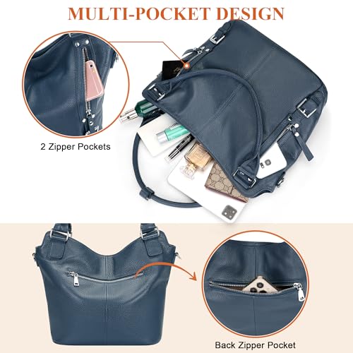 Genuine Leather Pueses for Women Large Hobo Bags Muti Pockets | Crossbody Tote Bags with Top Handles, Key Leash, Adjustable Straps for Shoulder/Handbags/Tote, Daily - color: 02-indigo Blue