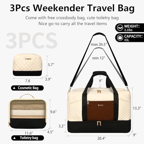 Stuery Weekender Bags for Women with Toiletry Bags: Large Overnight Bags Travel Duffel Bag Carry On Shoulder Weekend Tote with Shoe Compartment and Wet Pocket for Girls Airplane Traveling - color: A-3PCS White Brown Black