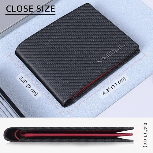VISOUL Mens Wallet Bifold RFID Protected with 2 ID Windows 8 Credit Card Slots 2 Cash Compartments, Carbon Fiber Leather Wallet for Men Gift Box (Black+Burgundy) - color: Black+Burgundy
