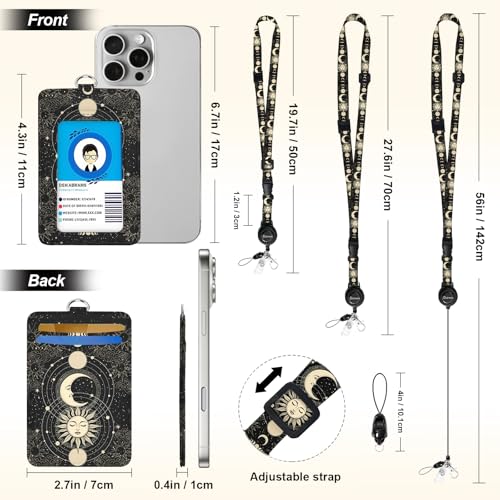 Sun and Moon Lanyards for Id Badges, Boho Badge Holder with Retractable Reel Clip, Leather Work Name Tag Breakaway Lanyard Vertical ID Card Protector Case for Women Nurse Doctor Teacher Student - color: Black Sun and Moon