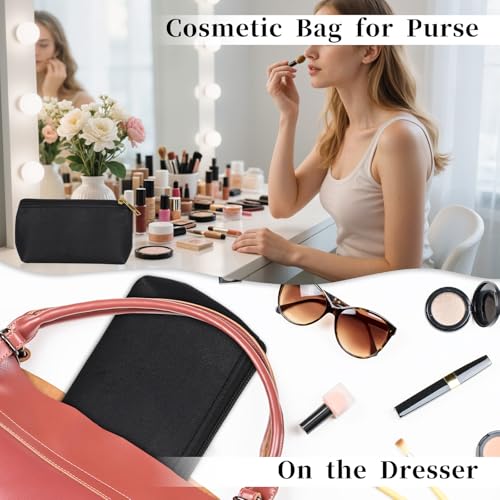 2 Pack Black Leather Makeup Pouch for Cosmetic, Portable Small Black Makeup Bag for Purse, PU Travel Make up Bag with Zipper (Black)