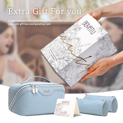 BOYATU Travel Makeup Bag Cosmetic Bags for Women: 3 Pcs Set Make up Bag | Large Capacity Waterproof Vegan Leather Organizer Bags with Compartments - Lay flat Toiletry with Handle (L04 Light Blue) - color: L04 Light Blue