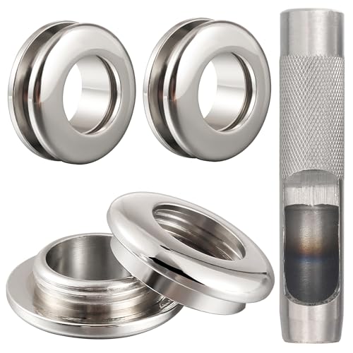 4 Sets Brass Grommets Kit Eyelets and Grommets 11mm Inside Hole Size with 16mm Leather Hole Punch Tool Handbag Purse Hardware Screw Grommets for Repair and Making Leather Crafts (Silver) - color: Silver