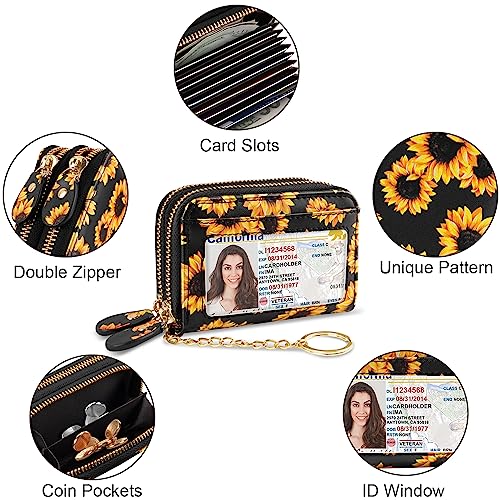Credit Card Holder Small Double Zipper Card Wallet for Women with Keychain, Sunflower - color: Sunflower